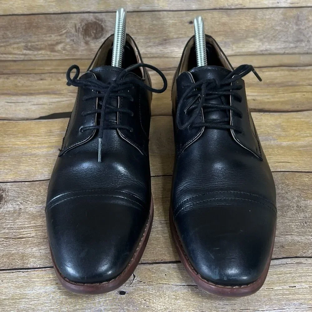Black Leather Cap Toe Oxford Derby Dress Shoes SZ 7 Brown Stacked Heel‎ Mens